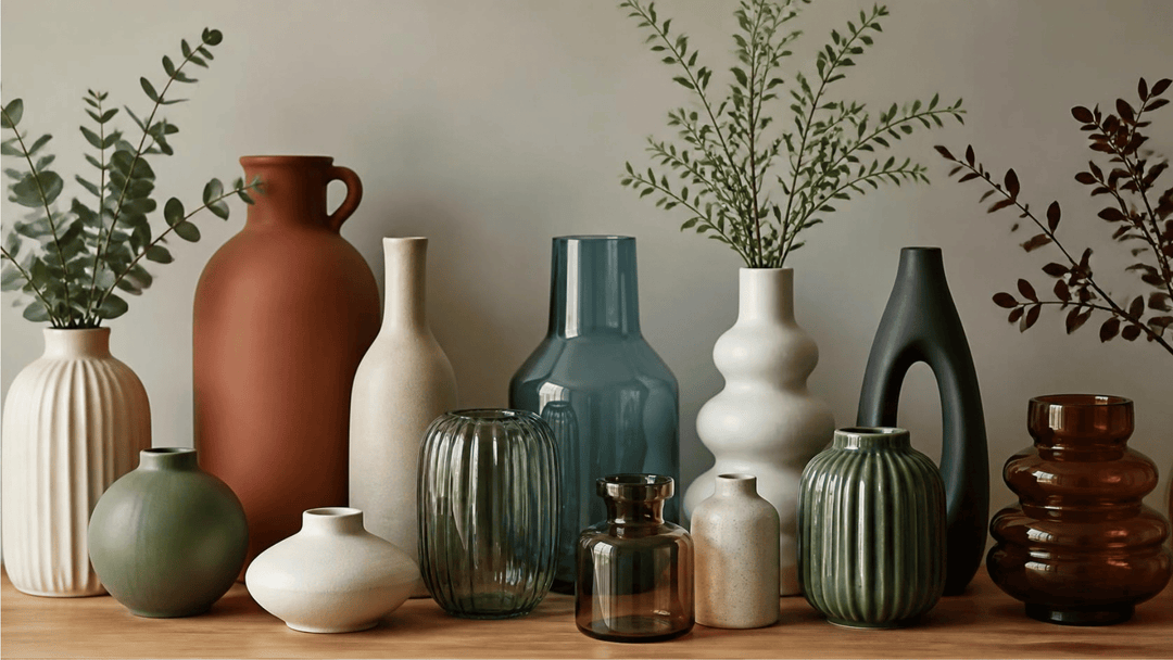 Collection de vases décoratifs variés : céramique mate, verre teinté, formes diverses, avec et sans végétaux
