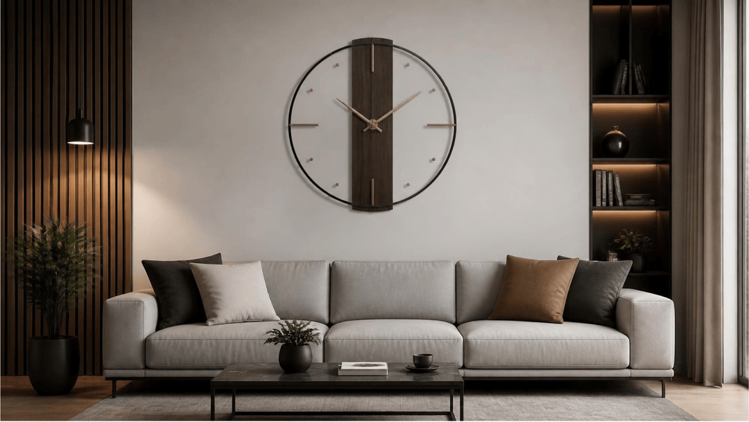 Horloge murale design dans un salon moderne, positionnée au-dessus d'un canapé, hauteur idéale