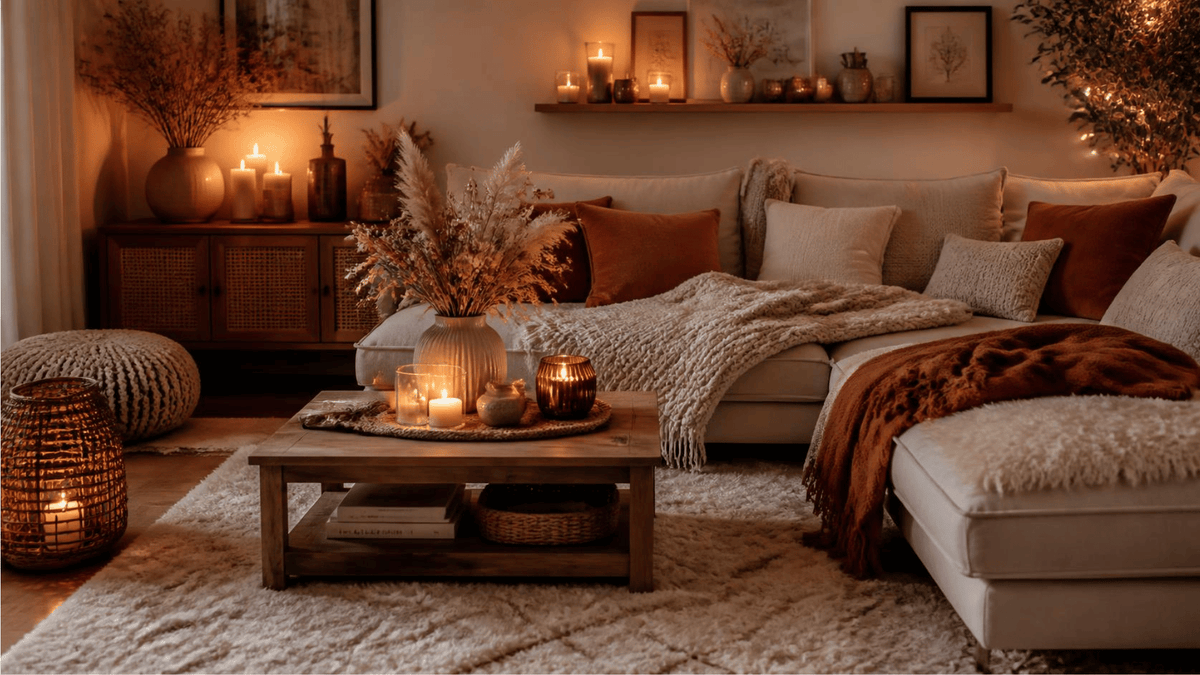 Salon cosy et chaleureux : canapé avec plaids et coussins, tapis moelleux, bougies allumées, vases avec fleurs séchées