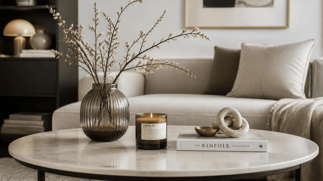 Table basse élégamment décorée : vase avec branches, bougie, livre et petit objet déco, composition aérée
