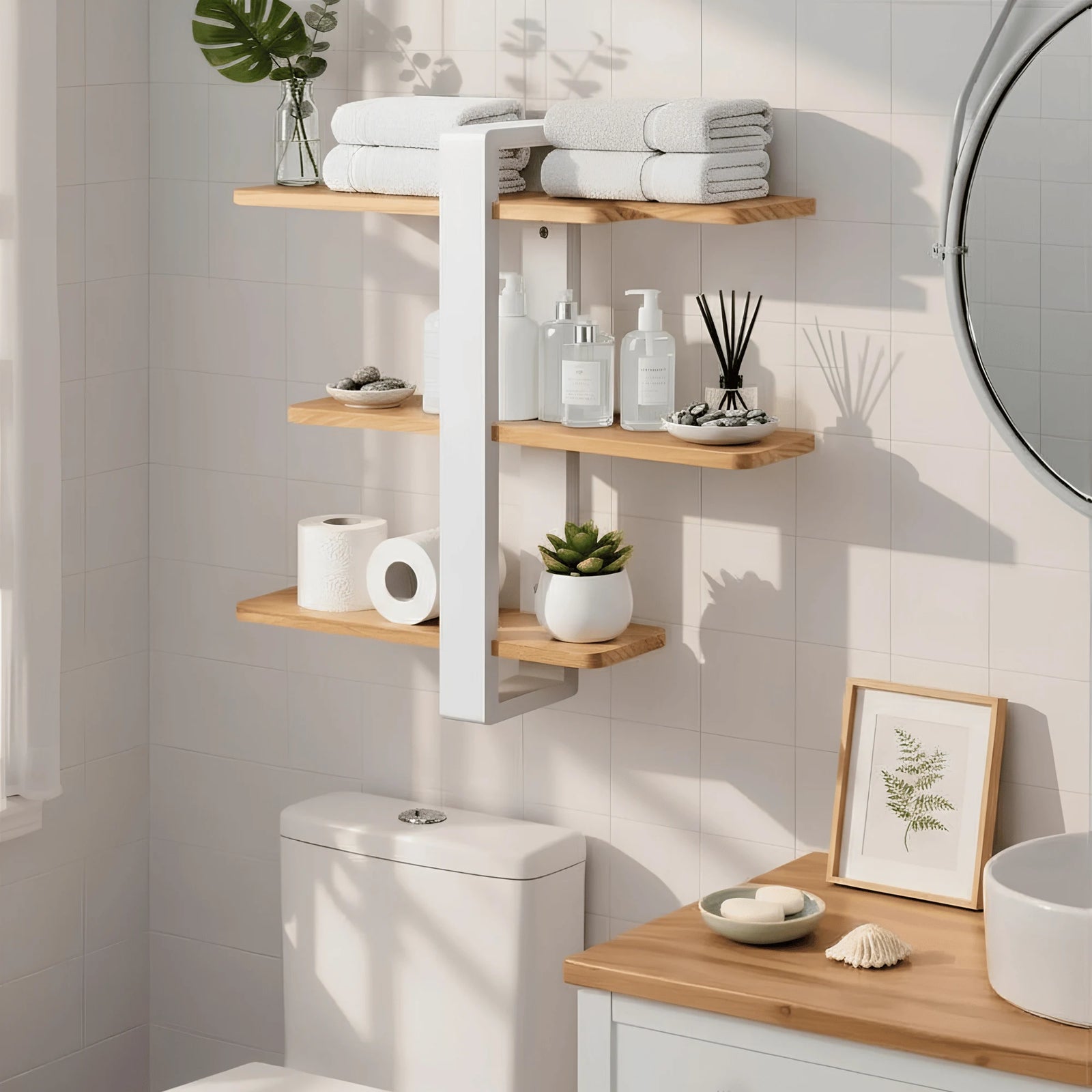 Étagère Murale Blanche et Bois mis en scène sur un mur intérieur