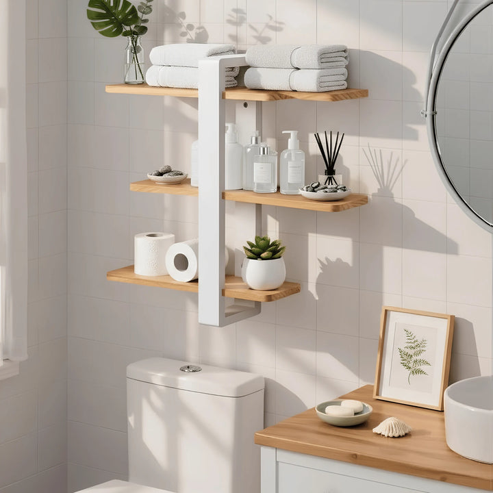Étagère Murale Blanche et Bois mis en scène sur un mur intérieur