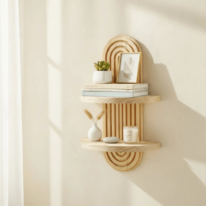 Étagère Murale en Bois Massif mis en scène sur un mur intérieur