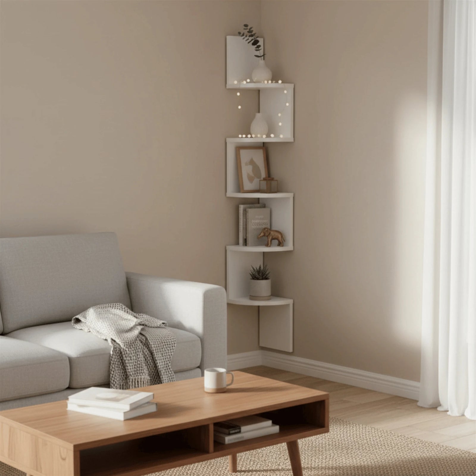Étagère Murale d'Angle Design mis en scène sur un mur intérieur
