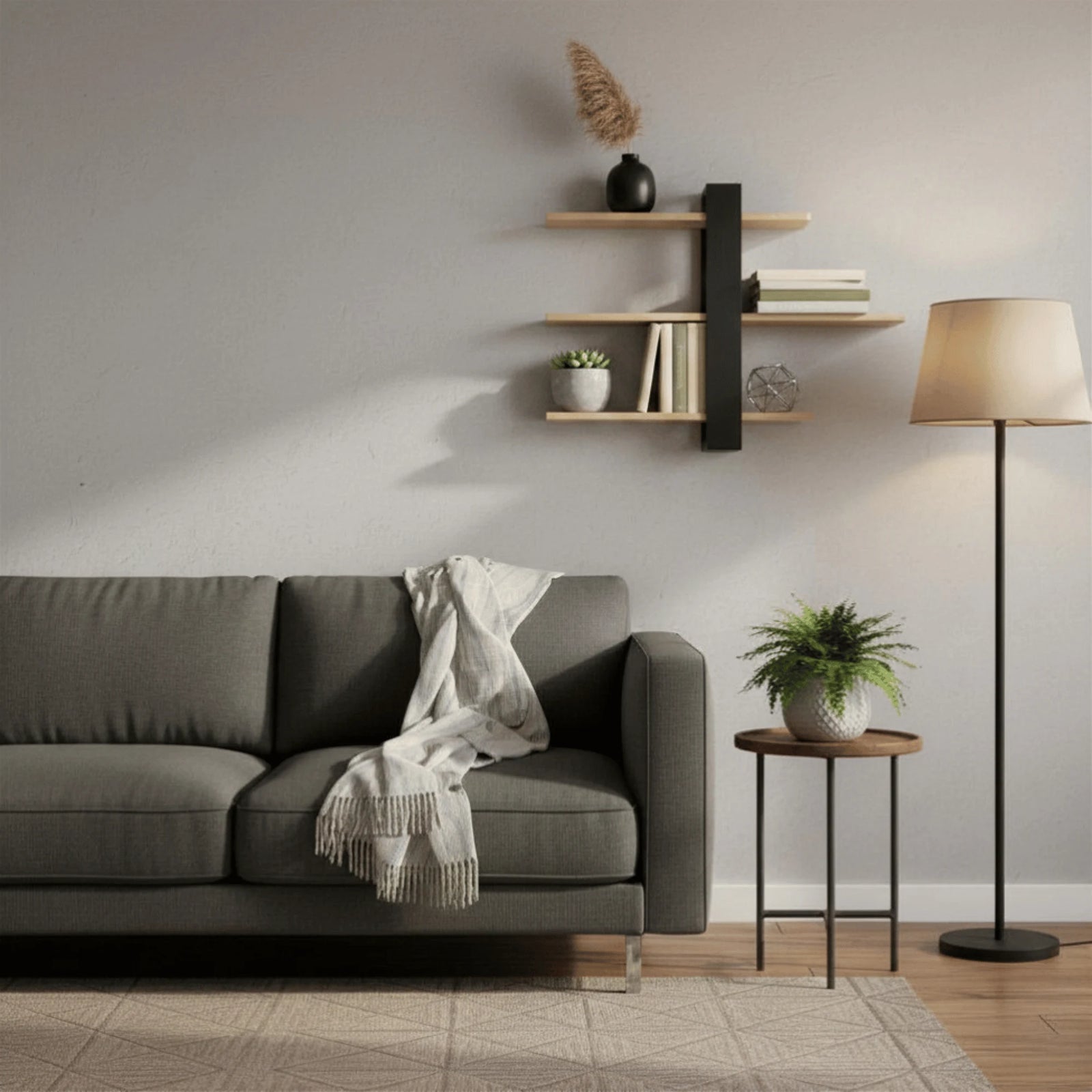 Étagère Murale Noire et Bois mis en scène sur un mur intérieur