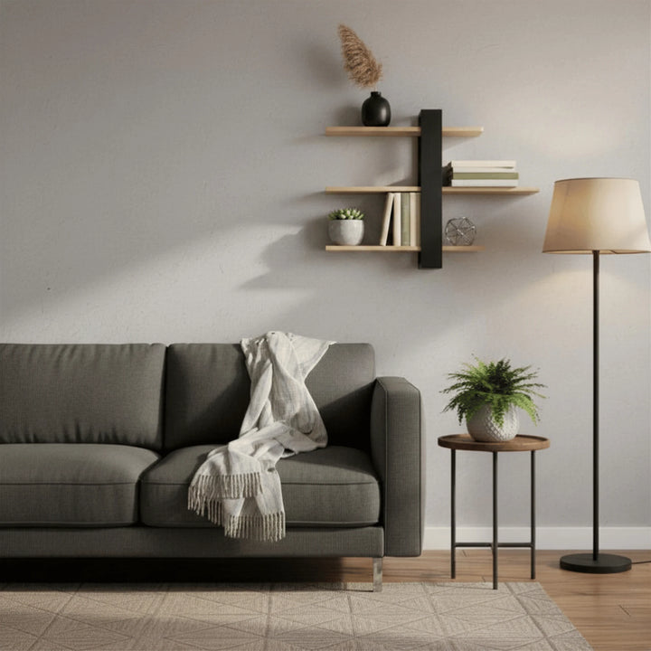 Étagère Murale Noire et Bois mis en scène sur un mur intérieur