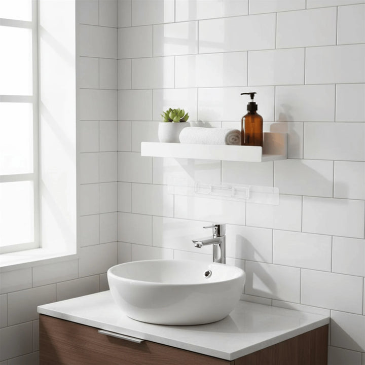 Étagère Murale Salle de Bain Blanche mis en scène sur un mur intérieur