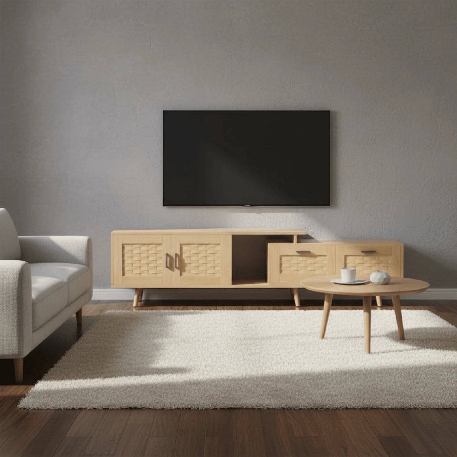 Meuble TV en Rotin mis en scène dans un salon