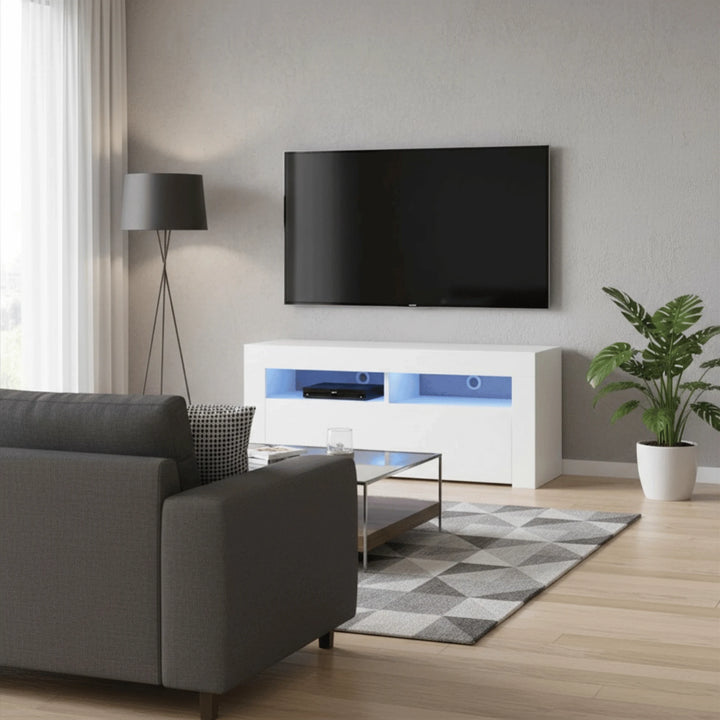 Meuble TV LED mis en scène dans un salon
