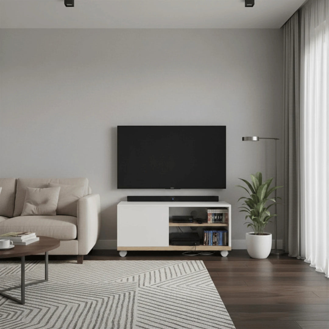 Meuble TV sur Roulettes mis en scène dans un salon