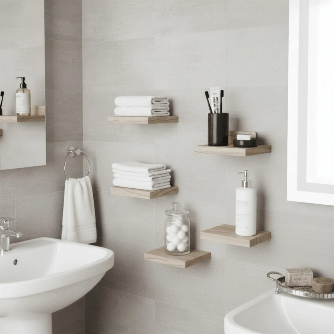 Petite Étagère Murale en Bois mis en scène sur un mur intérieur