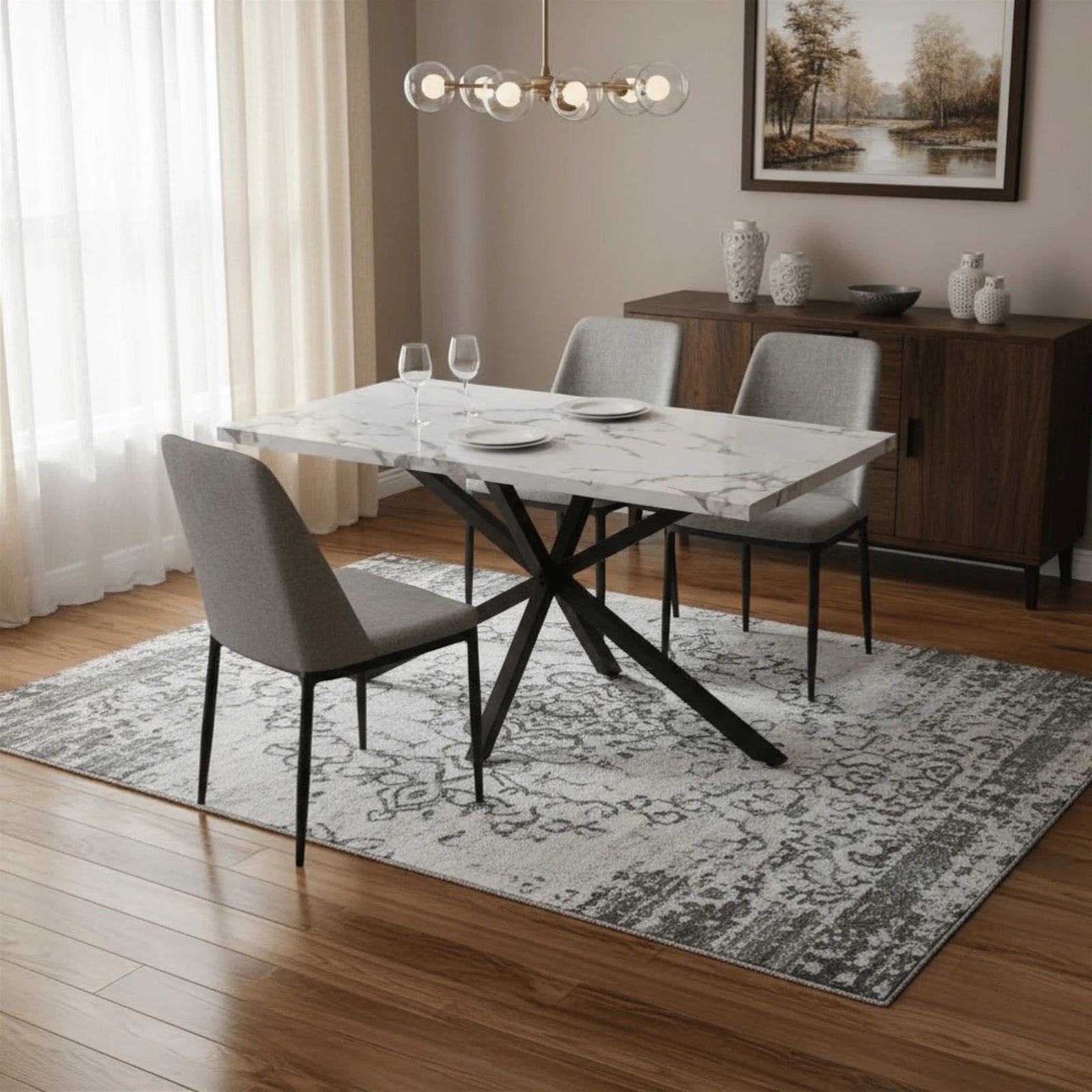 Table Salle à Manger Effet Marbre mis en scène dans une salle à manger