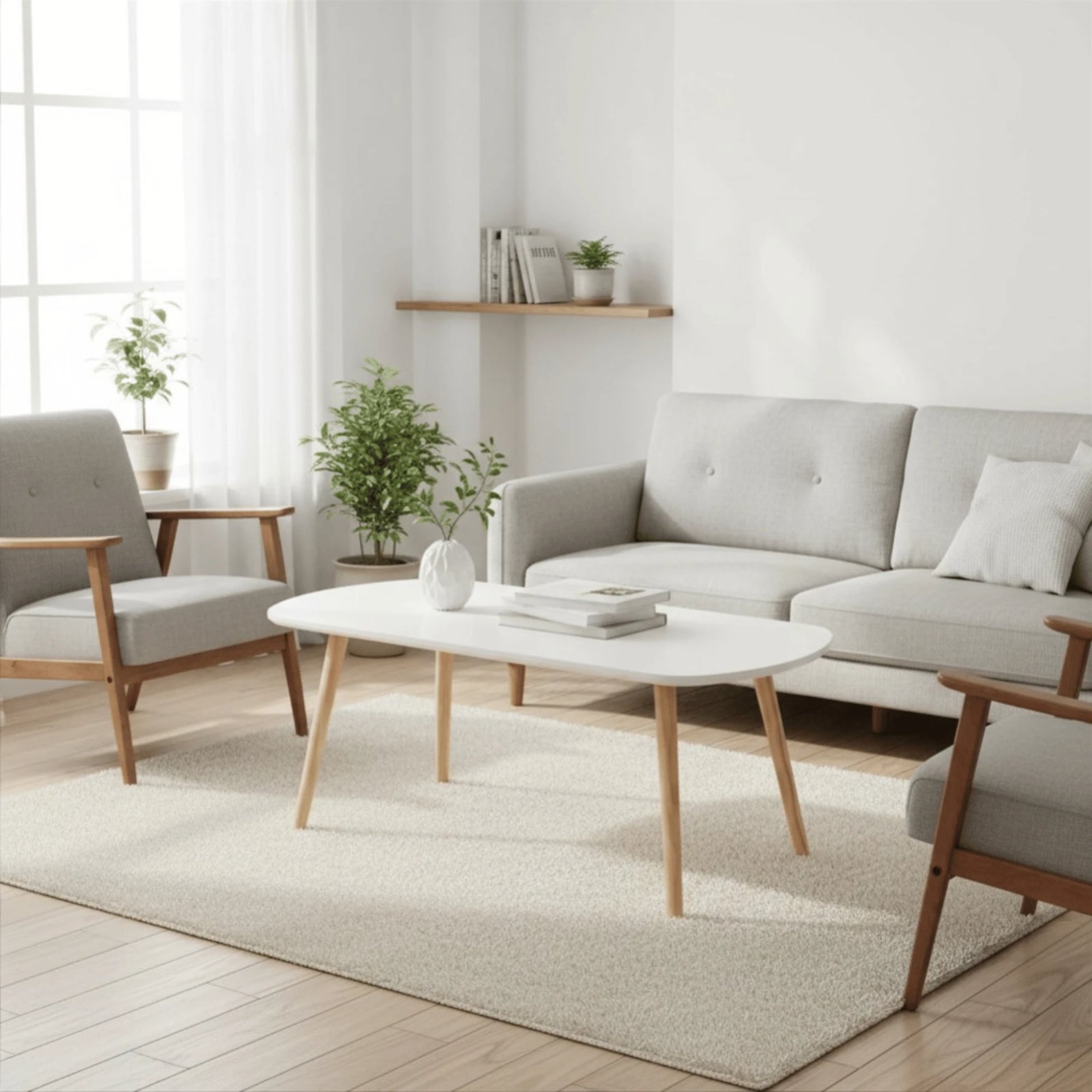 Table Basse Blanc et Bois mis en scène dans un salon