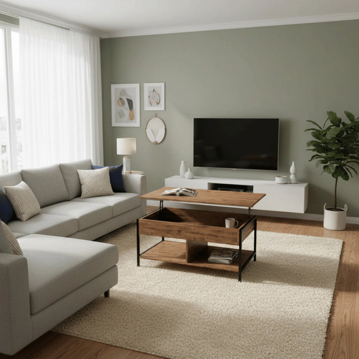 Table Basse Bois Relevable mis en scène dans un salon