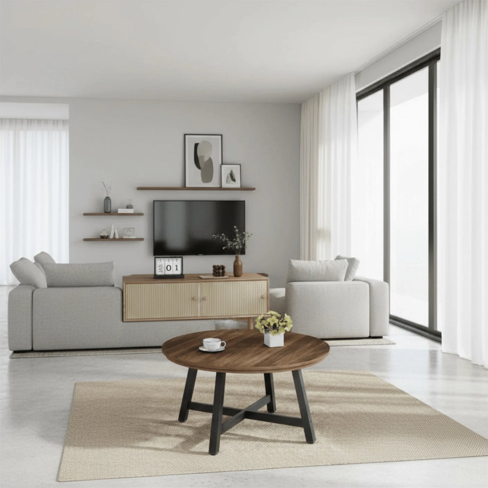 Table Basse Ronde en Bois mis en scène dans un salon