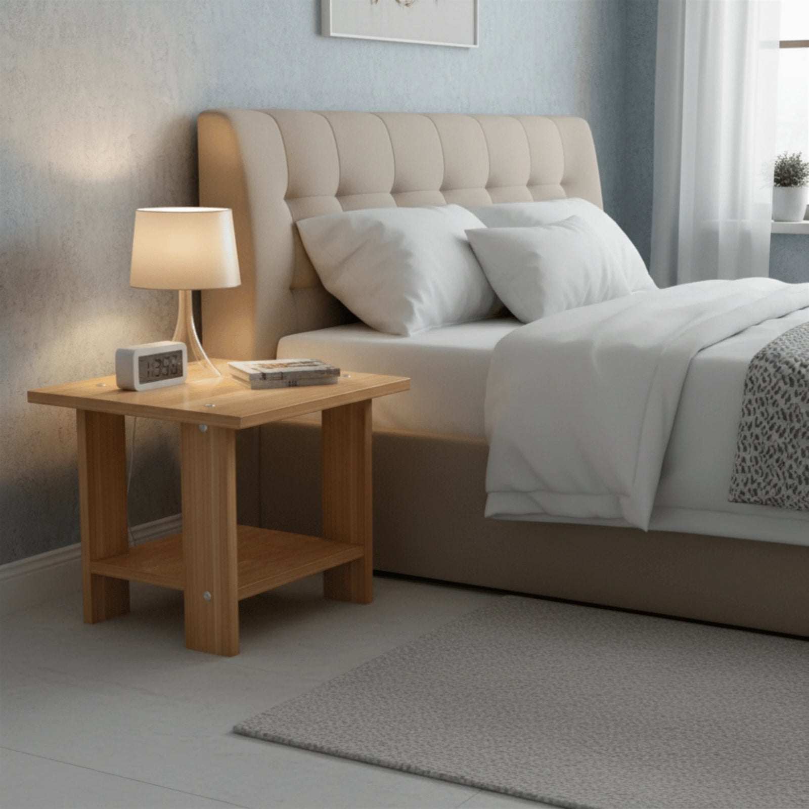Table de Chevet en Bois mis en scène dans une chambre