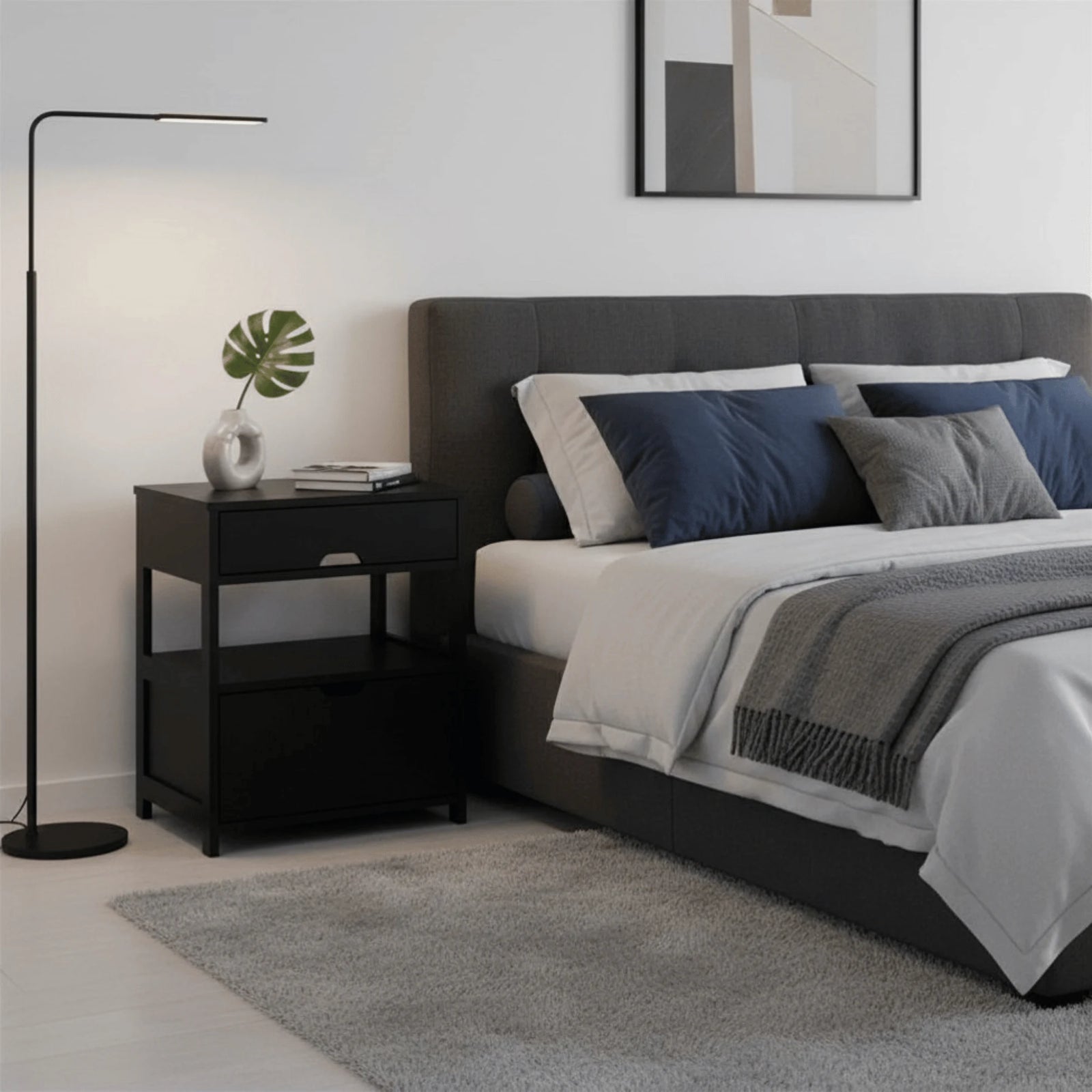 Table de Chevet Noire mis en scène dans une chambre