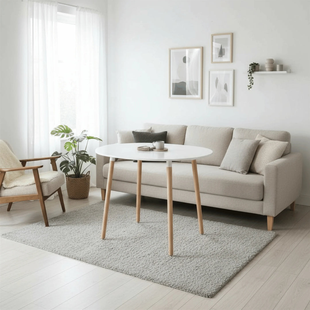 Table Ronde Bois et Blanc mis en scène dans une salle à manger