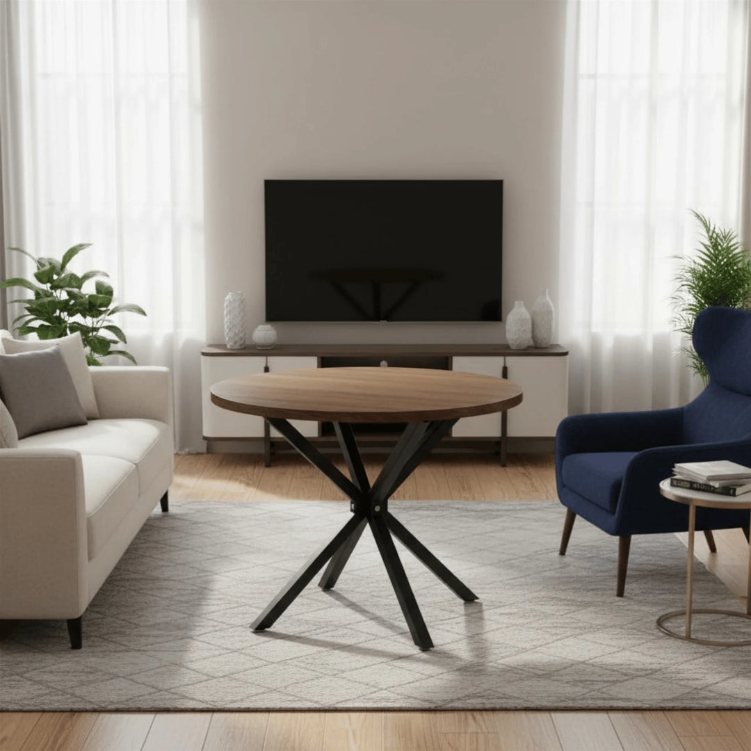 Table Ronde Bois Foncé mis en scène dans une salle à manger