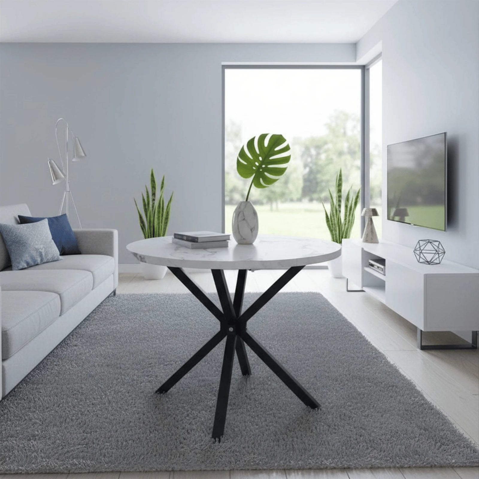 Table Ronde Effet Marbre mis en scène dans une salle à manger