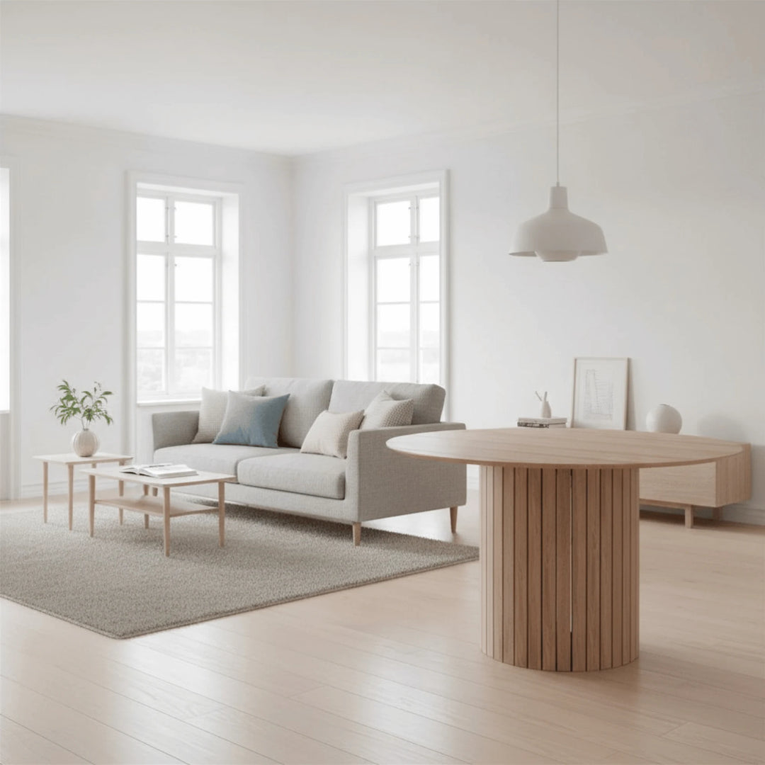 Table Ronde Scandinave mis en scène dans une salle à manger