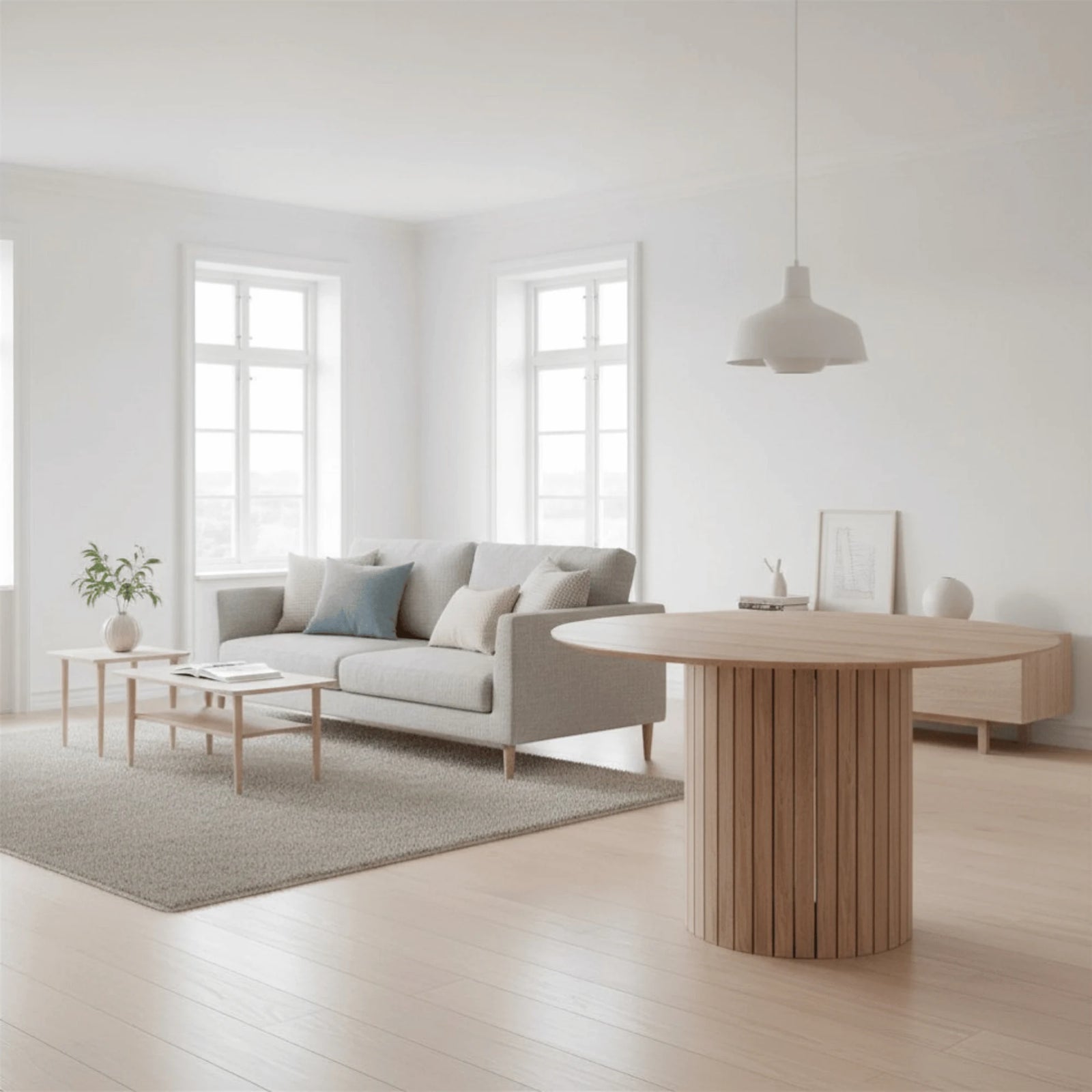 Table Ronde Scandinave mis en scène dans une salle à manger